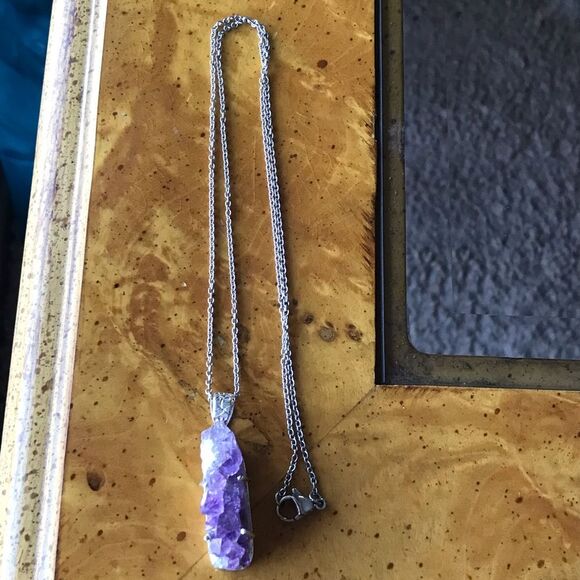 African Amethyst Geode Sterling Silver Stainless Steel Pendant Necklace - Picture 6 of 7